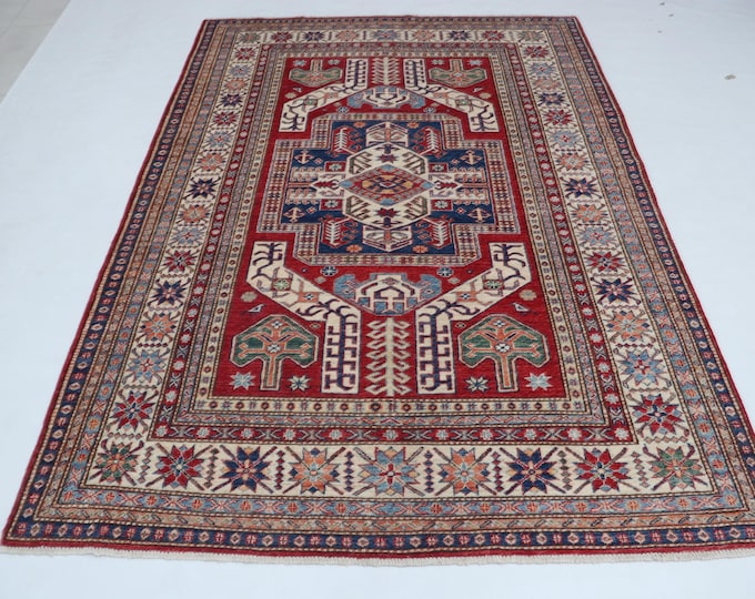 5.3 X 7.9 ft Red and Beige Geomatrical Handmade , Super Kazak Cotton and Wool