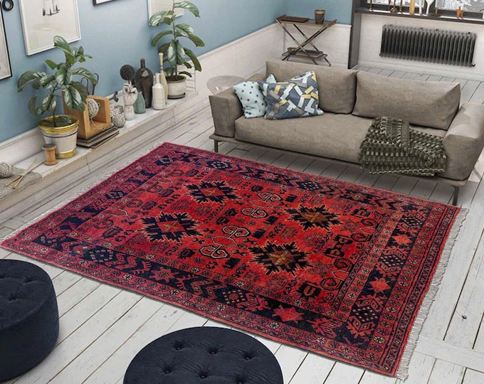 Hand-knotted Khal Mohammadi Orange and Blue, 3.28 x 4.92ft