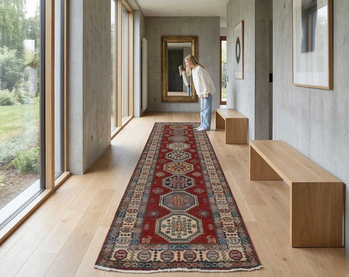 2.7 X 8.1 ft Beige and Red Geomatrical Handmade Runner, Super Kazak Cotton and Wool