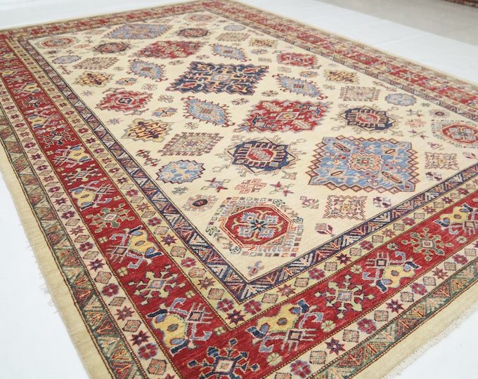 7x10 Beige Afghan Kazak Rug – Hand-Knotted Wool Geometric Area Rug