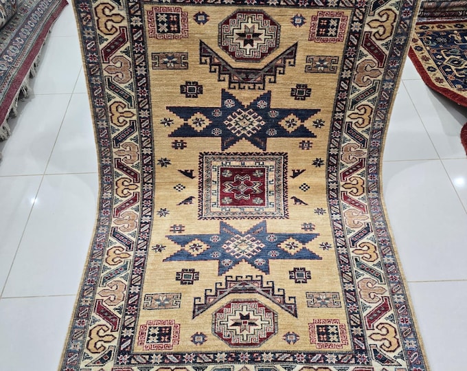 4 X 6 ft Handmade Geometrical Super Kazak Rug, Beige, Cotton and Wool