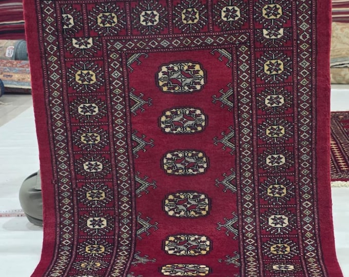 2.5 X 4 ft Red Geometrical Handmade, Mori Bokhara Rug Cotton and Wool