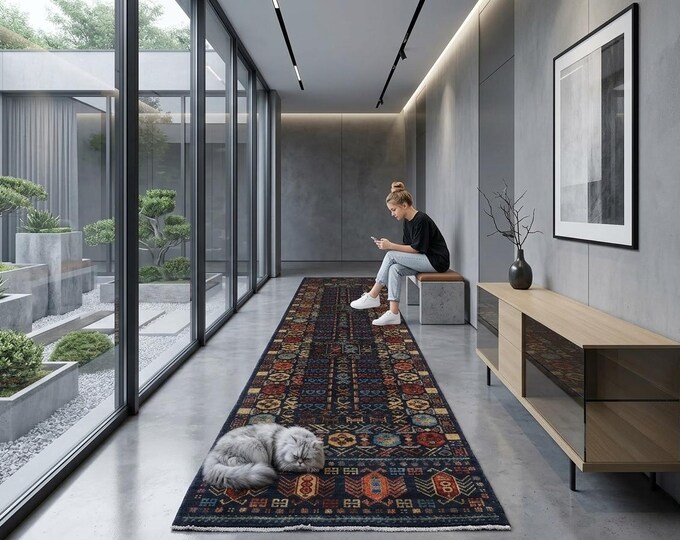 3.1 X 11.8 ft Blue Floral Handmade Runner ,Heriz Cotton and Wool