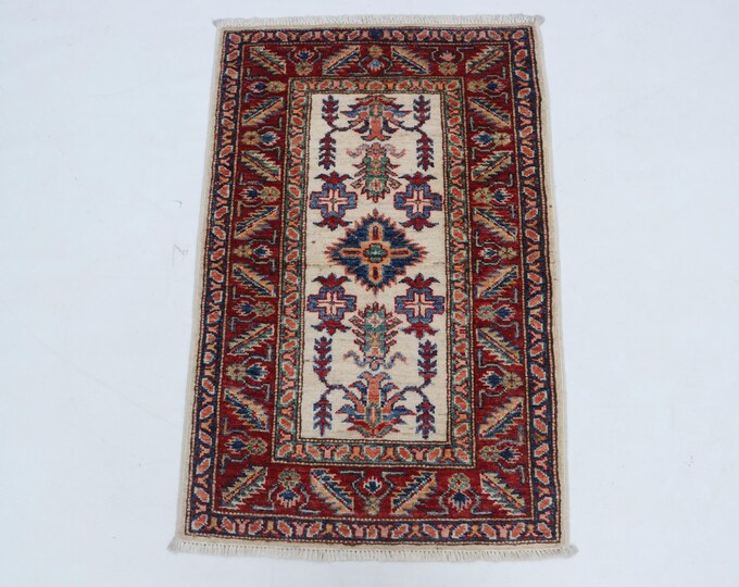 2 X 3 ft Beige and Red Geomatrical Handmade, Super Kazak Cotton and Wool
