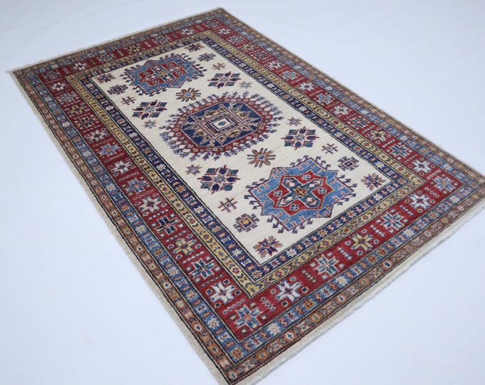 3x5 Beige and Red Kazak Rug – Handmade Afghan Wool, Geometric Oriental Design