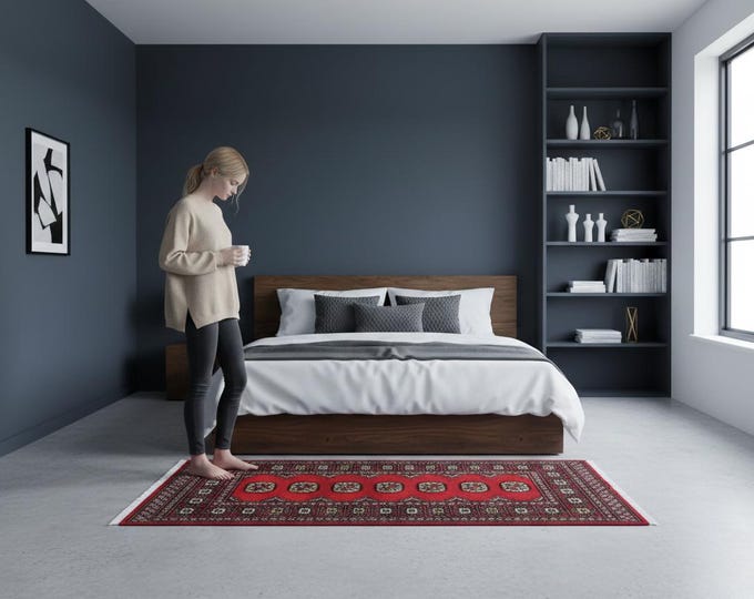 2.7 X 4.3 ft Red Geomatrical Handmade, Mori Bokhara Cotton and Wool