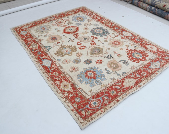 5.8 X 7.10 ft Beige and Copper Floral Handmade ,Oshak Wool