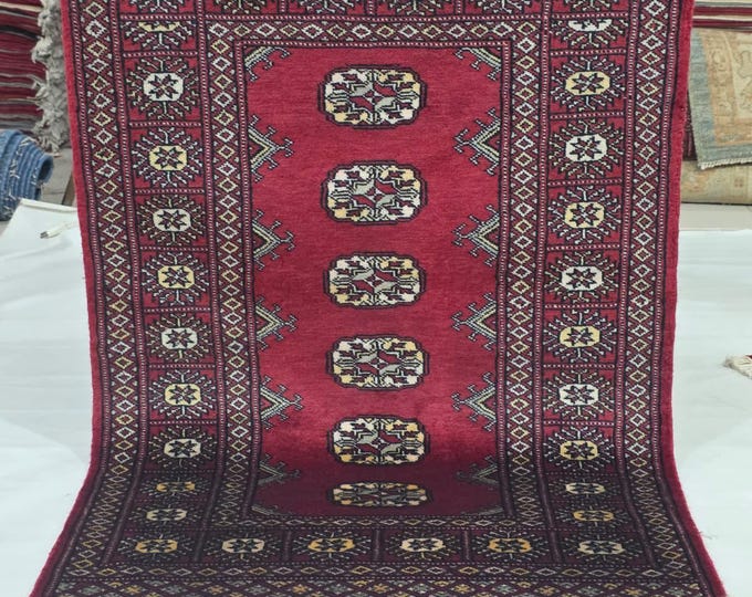2.5 X 4 ft Red Geometrical Handmade, Mori Bokhara Cotton and Wool