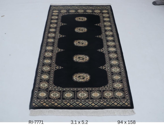 Hand-knotted Mohri Bokhara Cotton and Wool Rug Geomatrical in Black and Blacl border, 3.1 x 5.2 ft