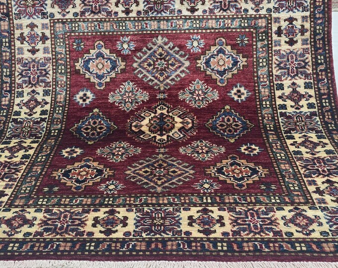 3.5 X 3.5 ft Handmade Geometrical Super Kazak Square Rug, Red and Beige, Cotton and Wool