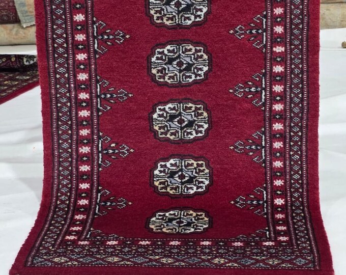 2 X 3 ft Red Geometrical Handmade, Mori Bokhara Cotton and Wool