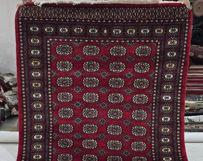 4.5 X 7 ft Red Geometrical Handmade , Mori Bokhara Cotton and Wool