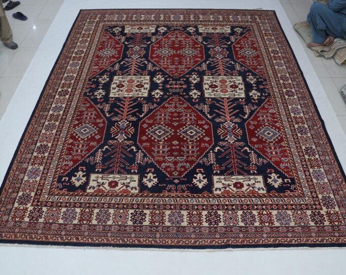 9.0 X 11.6 ft Black and Beige Geomatrical Handmade , Super Kazak Cotton and Wool