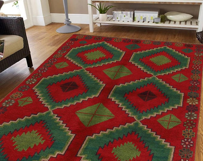 Hand-knotted Baluchi in Green and Orange 3.93 x 6.56 ft