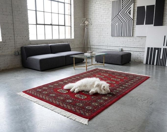 3.1 X 4.11 ft Red Geomatrical Handmade ,Mori Bokhara Cotton and Wool