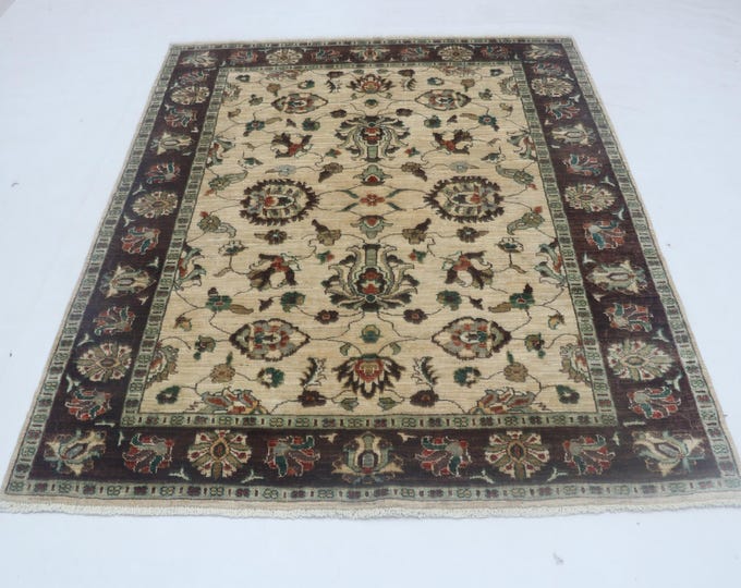 5 X 6 Beige and Brown Floral Handmade, Chobi Cotton and Wool
