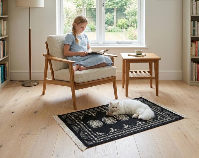 2.0 X 3.3 ft Black Geomatrical Handmade ,Mori Bokhara Cotton and Wool