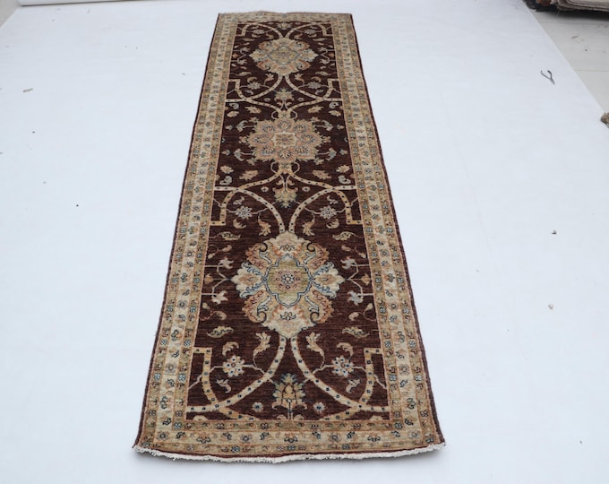 2.7 X 8.10 ft Brown and Beige Floral Handmade Runner ,Heriz Cotton and Wool