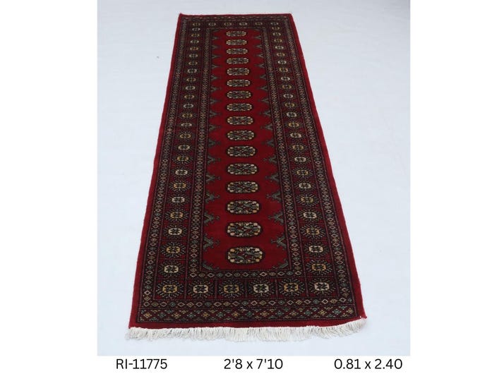 Hand-knotted Mohri Bokhara Cotton and Wool Rug, Geomatrical in Red base and Red border, 2.8 x 7.10 ft