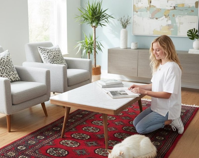 3.0 X 4.7 ft Red Geomatrical Runner Handmade, Mori Bokhara Cotton and Wool