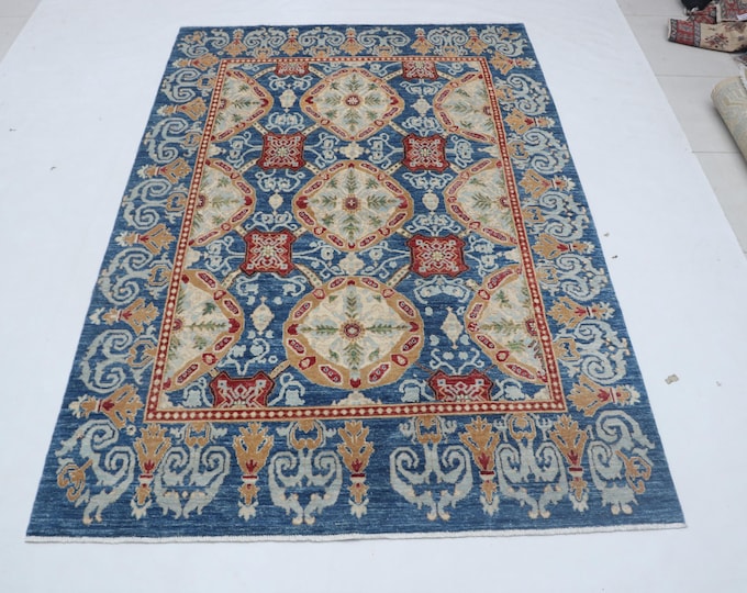 6 X 9ft Blue Floral Handmade, Chobi Cotton and Wool