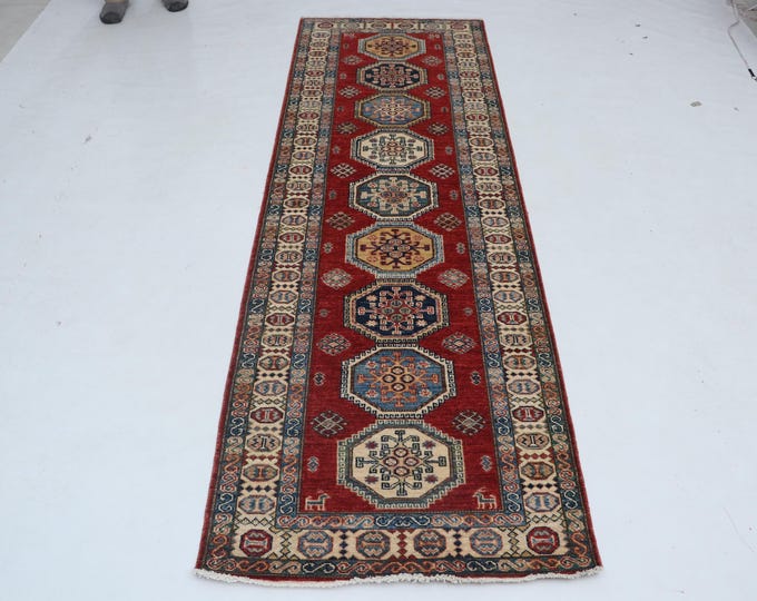 2.7 X 8.1 ft Beige and Red Geomatrical Handmade Runner, Super Kazak Cotton and Wool
