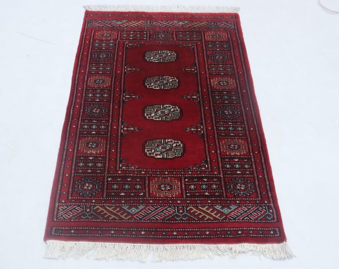2.7 X 4.0 ft Red Geomatrical Handmade, Mori Bokhara Cotton and Wool
