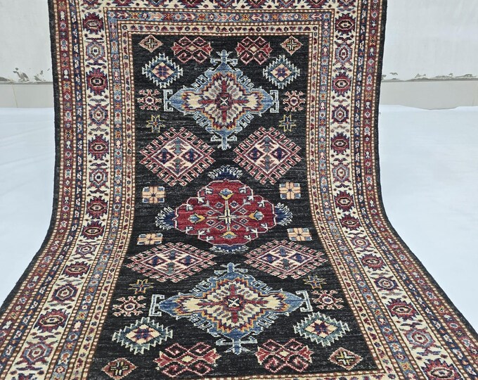 3 X 5 ft Handmade Floral Super Kazak Rug, Black and Beige, Cotton and Wool