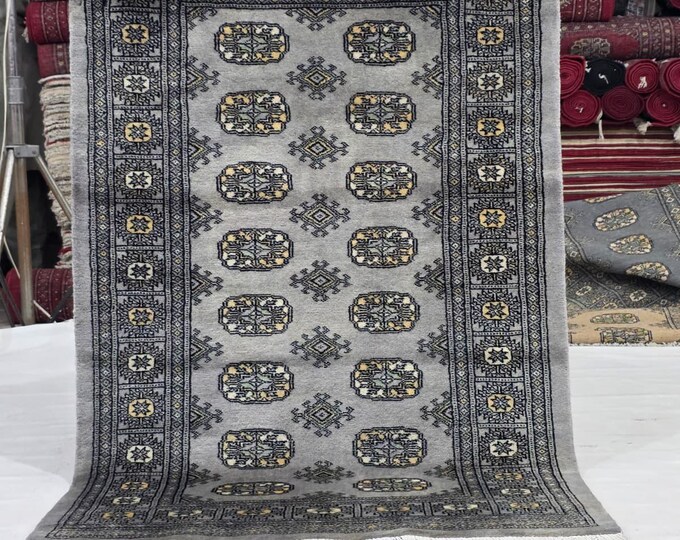 3 X 5 ft Gray Geometrical Handmade, Mori Bokhara Cotton and Wool