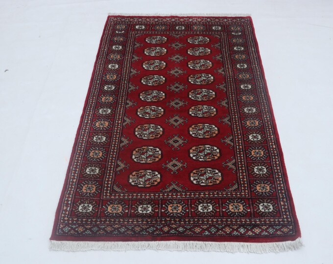 3.1 X 5.2 ft Red Geomatrical Handmade Runner, Mori Bokhara Cotton and Wool