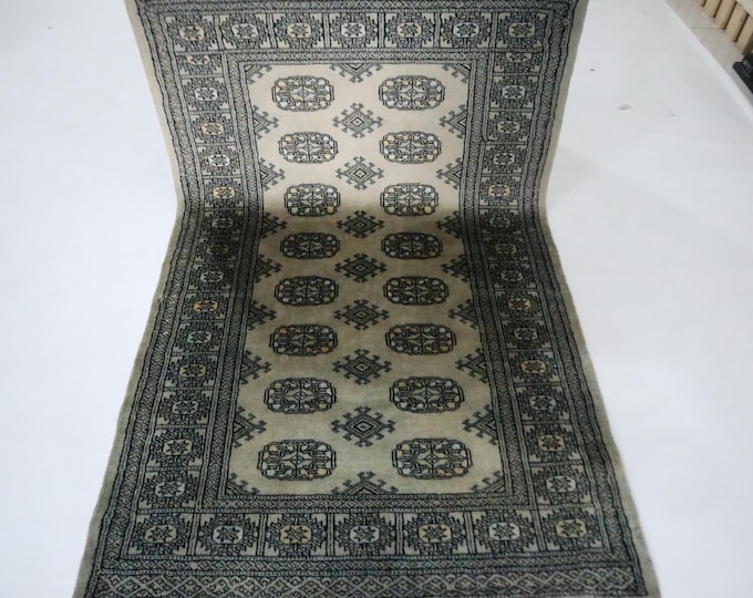 3x5 Hand Knotted Wool Mori Bokhara Rug, Light Gray Tribal Design