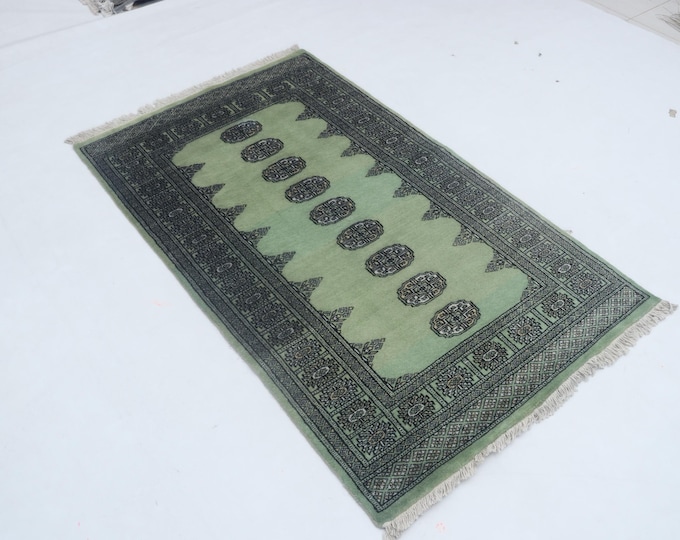3.1 X 5.1 ft Green Geomatrical Handmade , Mori Bokhara Cotton and Wool