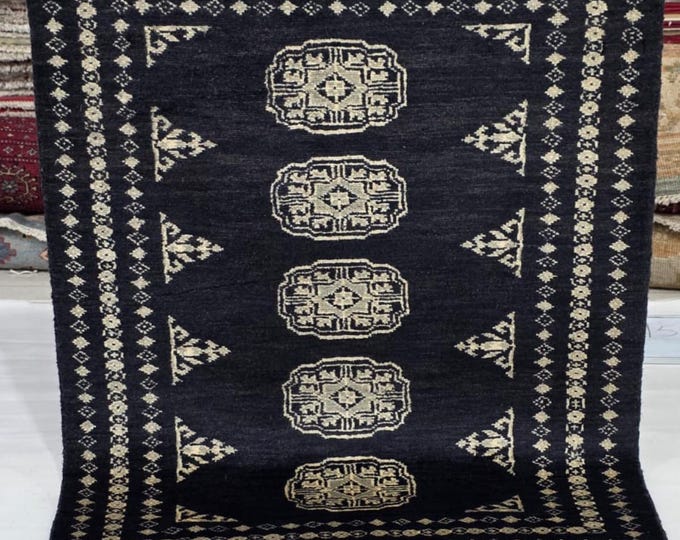 2 X 3 ft Black Geomatrical Handmade, Mori Bokhara Cotton and Wool
