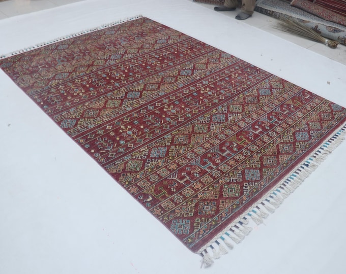 5 X 8 ft Red Rainbow Handmade, Khurjeen Cotton and Wool