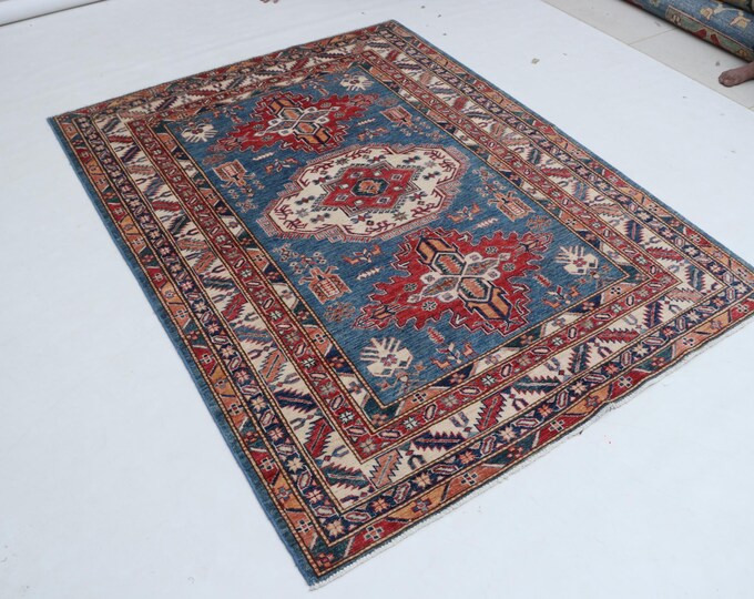 5 X 6 ft Blue and Red Geomatrical Handmade, Super Kazak Cotton and Wool