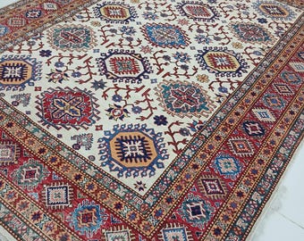 6 X 8 ft Handmade Geometrical Super Kazak Rug, Beige and Red, Cotton and Wool
