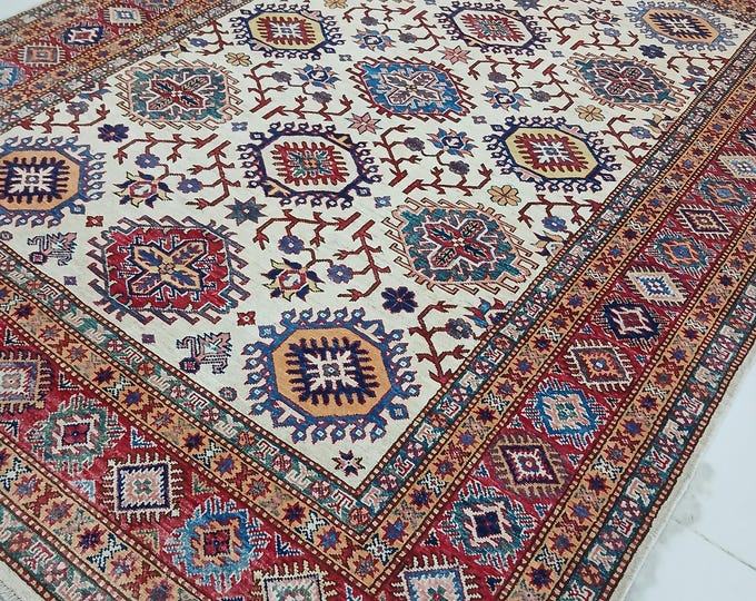 6 X 8 ft Handmade Geometrical Super Kazak Rug, Beige and Red, Cotton and Wool