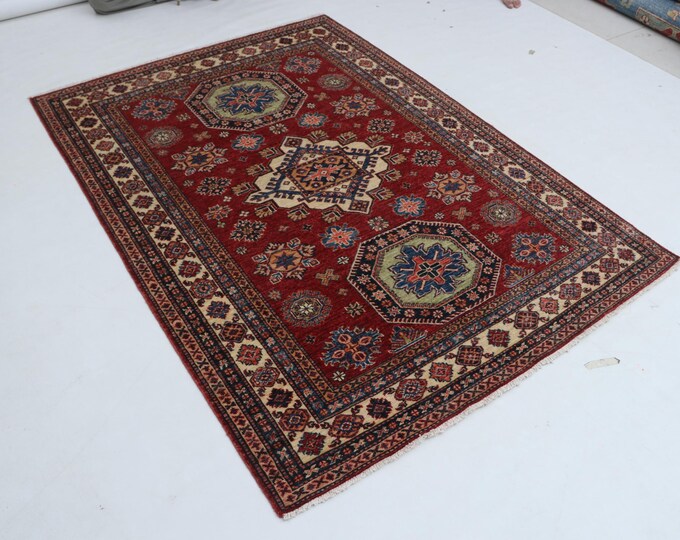 4.10 X 6.7 ft Red and Beige Geomatrical Handmade, Super Kazak Cotton and Wool