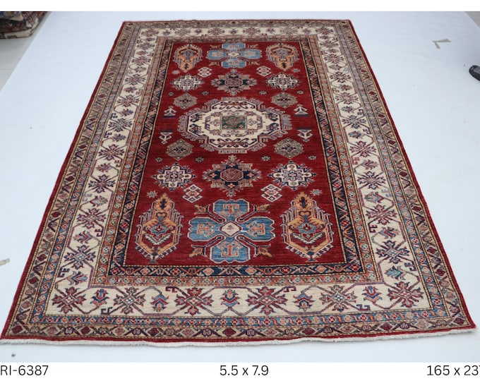 Hand-knotted Kazak Wool Rug, Red and Beige Geometric Carpet (5.5 x 7.9 ft)