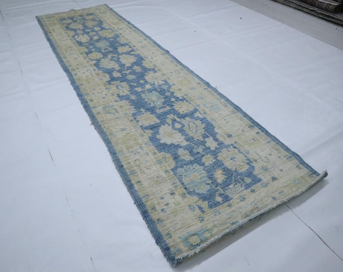 10 Ft Blue Oushak Runner Rug – Handmade Turkish Floral Wool