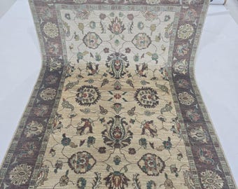5 X 8 ft Handmade Floral Chobi Rug, Beige and Brown, Cotton and Wool