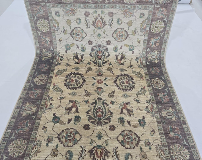 5 X 8 ft Handmade Floral Chobi Rug, Beige and Brown, Cotton and Wool