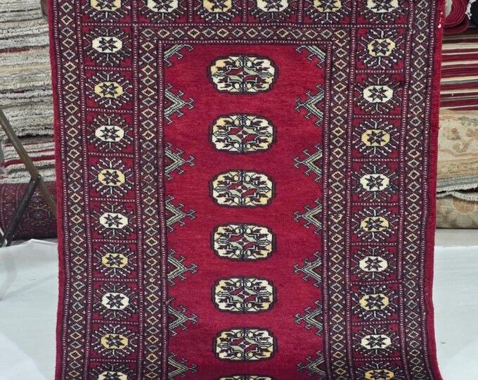 2.5 X 4 ft Red Geometrical Handmade, Mori Bokhara Rug Cotton and Wool