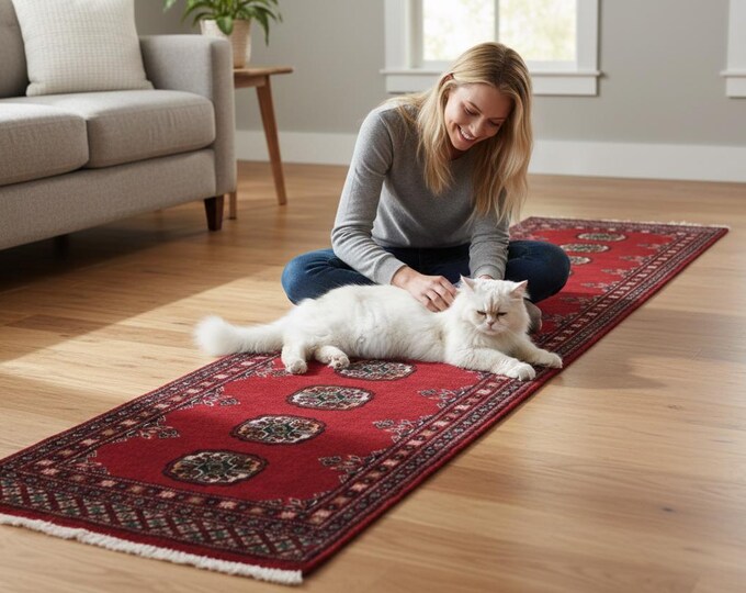 2.2 X 6.1 ft Red Geomatrical Handmade, Mori Bokhara Cotton and Wool