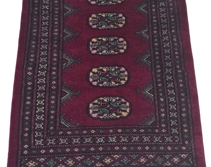 2 X 3 ft Red Geometrical Handmade, Mori Bokhara Cotton and Wool