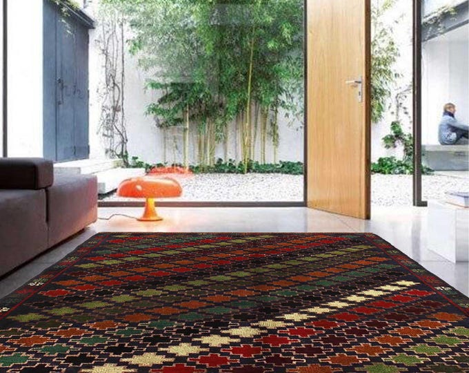 Hand-knotted Baluchi Blue and Rainbow, 3.93 x 6.56 ft