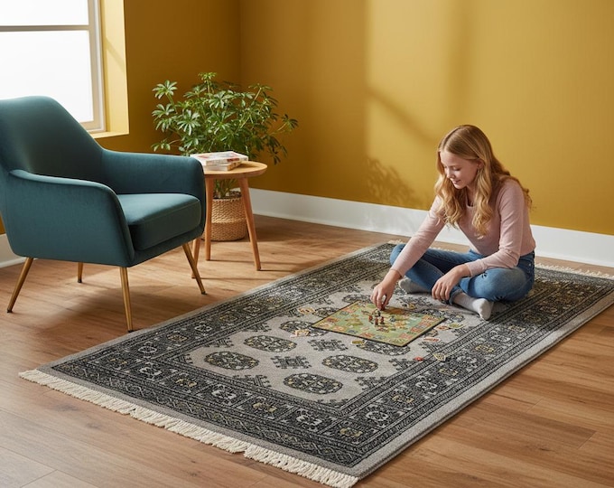 3.0 X 5.0 ft Gray Geomatrical Handmade Runner, Mori Bokhara Cotton and Wool