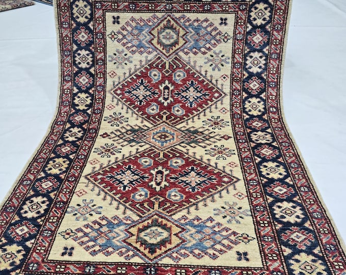 2.5 X 4 ft Handmade Geometrical Super Kazak Rug, Beige and Blue, Cotton and Wool
