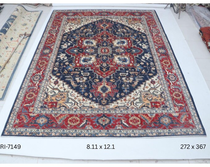 Hand-knotted Heriz Cotton and Wool Rug, Floral in Blue base and Red border, 8.11 x 12.1 ft