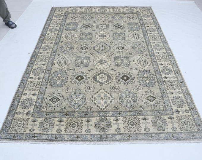 6 X 9 Gray and Beige Floral Handmade, Chobi Cotton and Wool